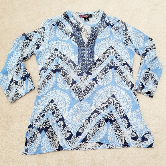 Peck & Peck Women's Blouse Size M Blue White Paisley Tunic Top Boho Embroidered - Picture 6 of 12